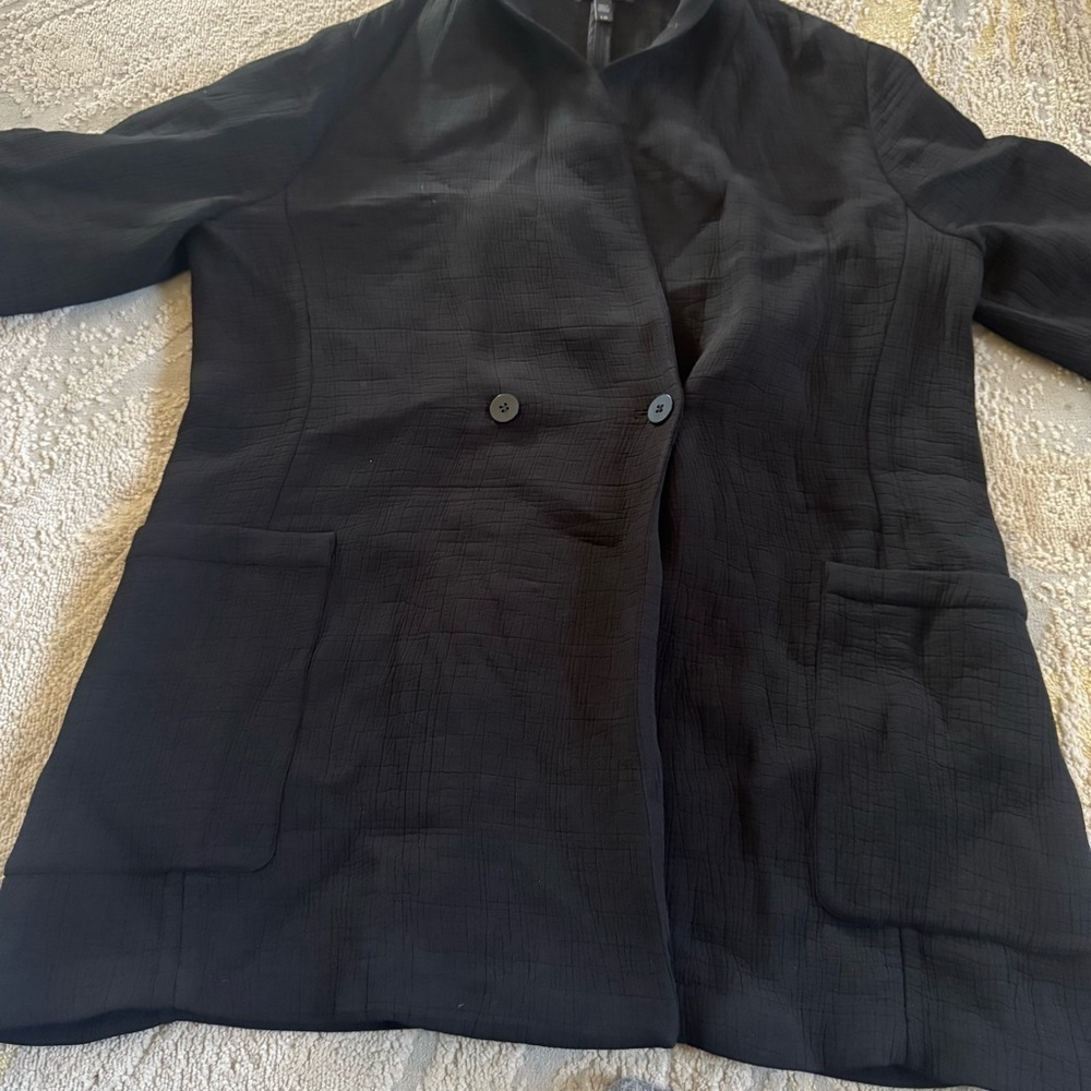 Eileen Fisher black blazer double breasted rayon silk blend textured large - Picture 8 of 12